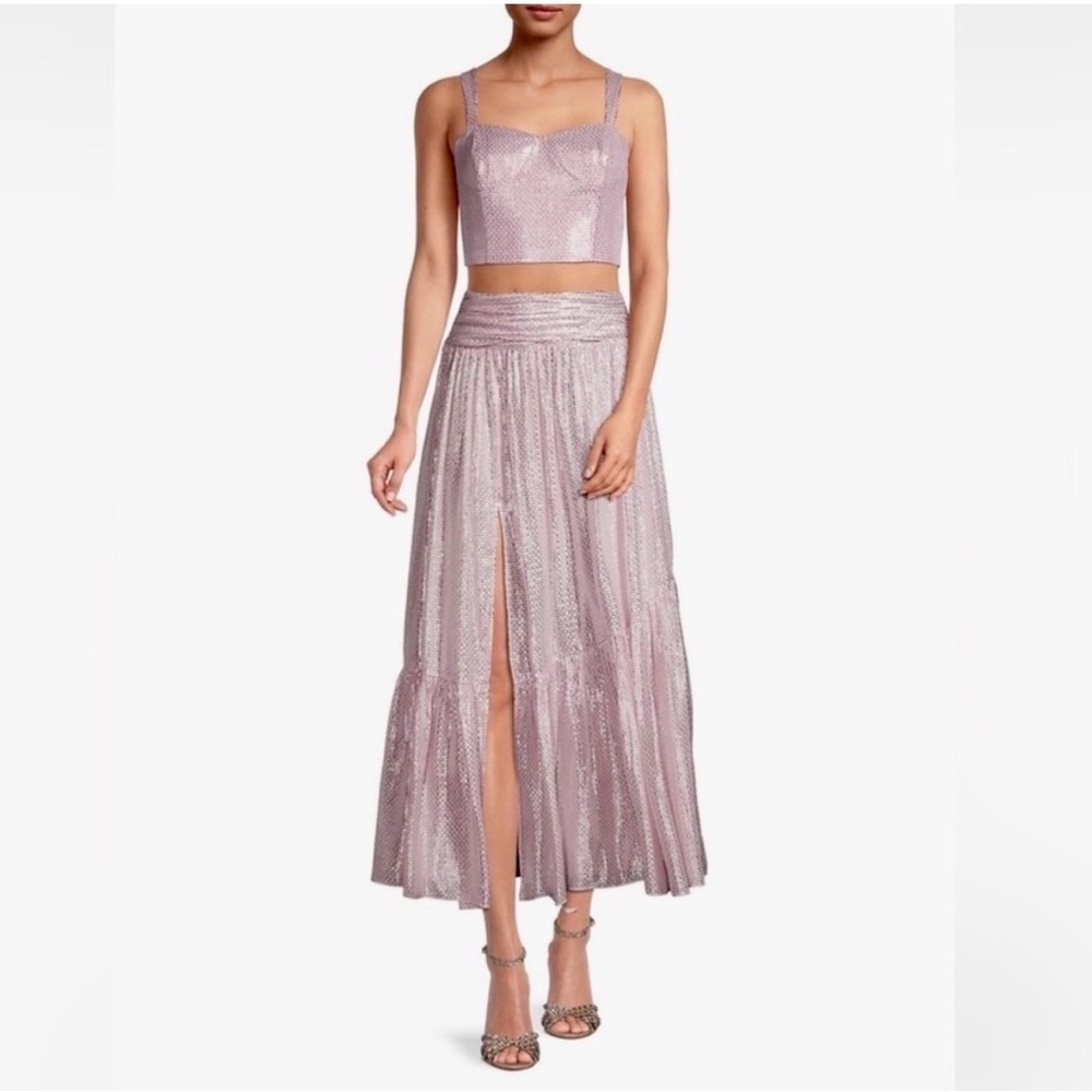 Ramy Brook | Luxe Jessie Pink Shimmer Metallic Split Front Ruffle Maxi Skirt 2 - Picture 17 of 17